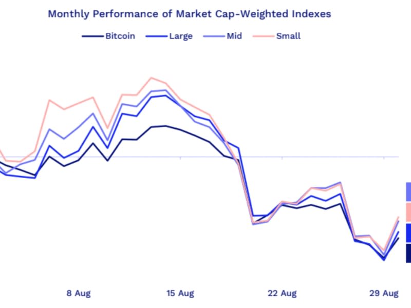 Monthly performance of market cap-weighted indexes (Bletchley Indexes, TradingView and  Coinbase)