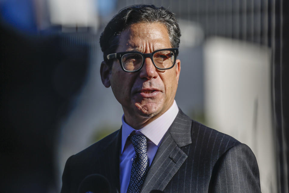 Los Angeles, CA - November 12: Attorney Mathew Rosengart speaks to media after a Los Angeles Superior Court judge today formally ended the conservatorship that has controlled Britney Spears' life for nearly 14 years outside Stanley Mosk Courthouse on Friday, Nov. 12, 2021 in Los Angeles, CA. (Irfan Khan / Los Angeles Times via Getty Images)