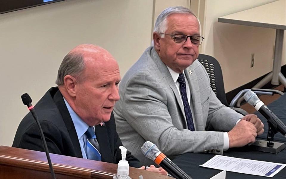 State Senate President Thomas Alexander, R-Oconee, left, and Sen. Ronnie Cromer, R-Newberry, address the media during a legislative preview in Columbia, Monday.