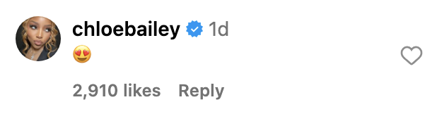 Screenshot of Chloe Bailey's Instagram comment which was the heart eyes emoji