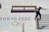 Brasil's Rayssa Leal trains during a street skateboarding practice session at the 2020 Summer Olympics, Friday, July 23, 2021, in Tokyo, Japan. (AP Photo/Markus Schreiber)
