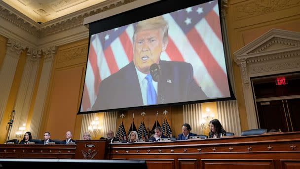 PHOTO: A video of former President Donald Trump is shown on a screen, as the House select committee investigating the Jan. 6 attack on the U.S. Capitol holds its final meeting on Capitol Hill in Washington, Dec. 19, 2022. (J. Scott Applewhite/AP)