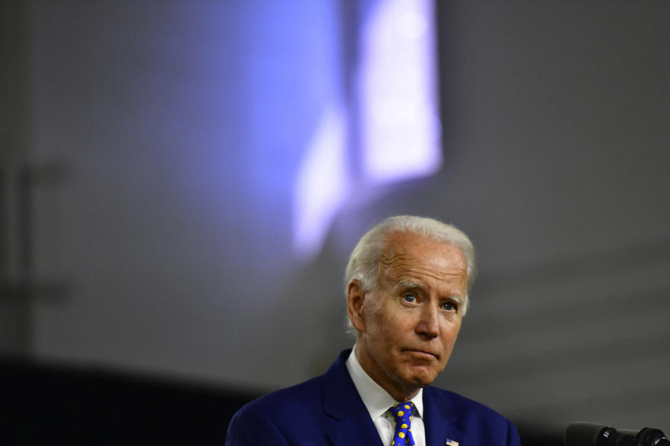 Presumptive Democratic presidential nominee former Vice President Joe Biden listens to a question from the media after delivering a speech at the William Hicks Anderson Community Center, on July 28, 2020 in Wilmington, Delaware. (Mark Makela/Getty Images)