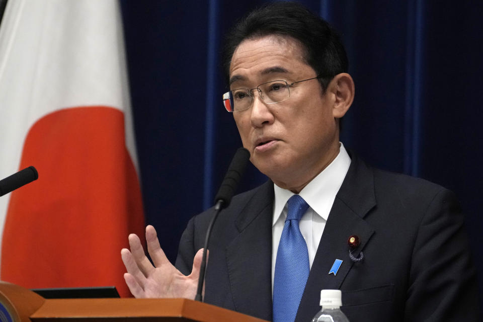 FILE - Japan's Prime Minister Fumio Kishida speaks during a news conference at the prime minister's official residence in Tokyo on Aug. 31, 2022. Ryuji Kimura, who allegedly threw a pipe bomb at Prime Minister Fumio Kishida at a campaign venue on Saturday, April 15, 2023, has complained about Japan’s election system and filed a damages suit against the government and criticized the prime minister, according to media reports and his possible social media postings. (AP Photo/Shuji Kajiyama, Pool, File)