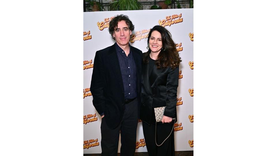 Stephen Mangan and Louise Delamere attend the press night after party for "The Hills Of California" at Sophie's Soho on February 07, 2024 in London