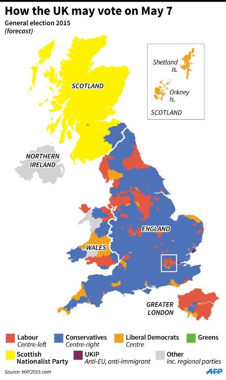 Map of the UK showing the forecast result of the 2015 general election