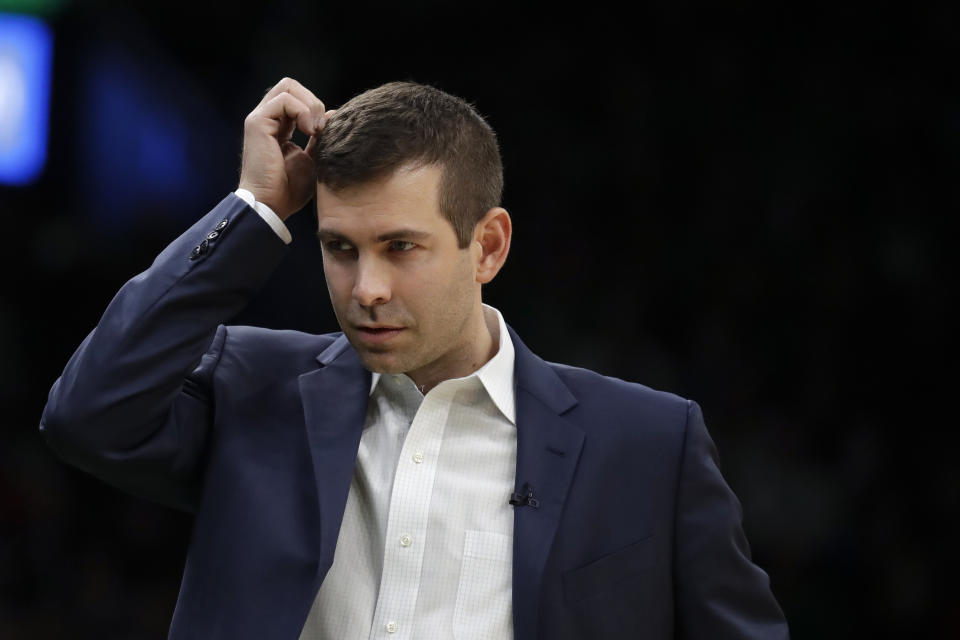 Boston Celtics head coach Brad Stevens reacts at the bench area in the second half of an NBA basketball game against the Philadelphia 76ers, Thursday, Dec. 12, 2019, in Boston. (AP Photo/Elise Amendola)