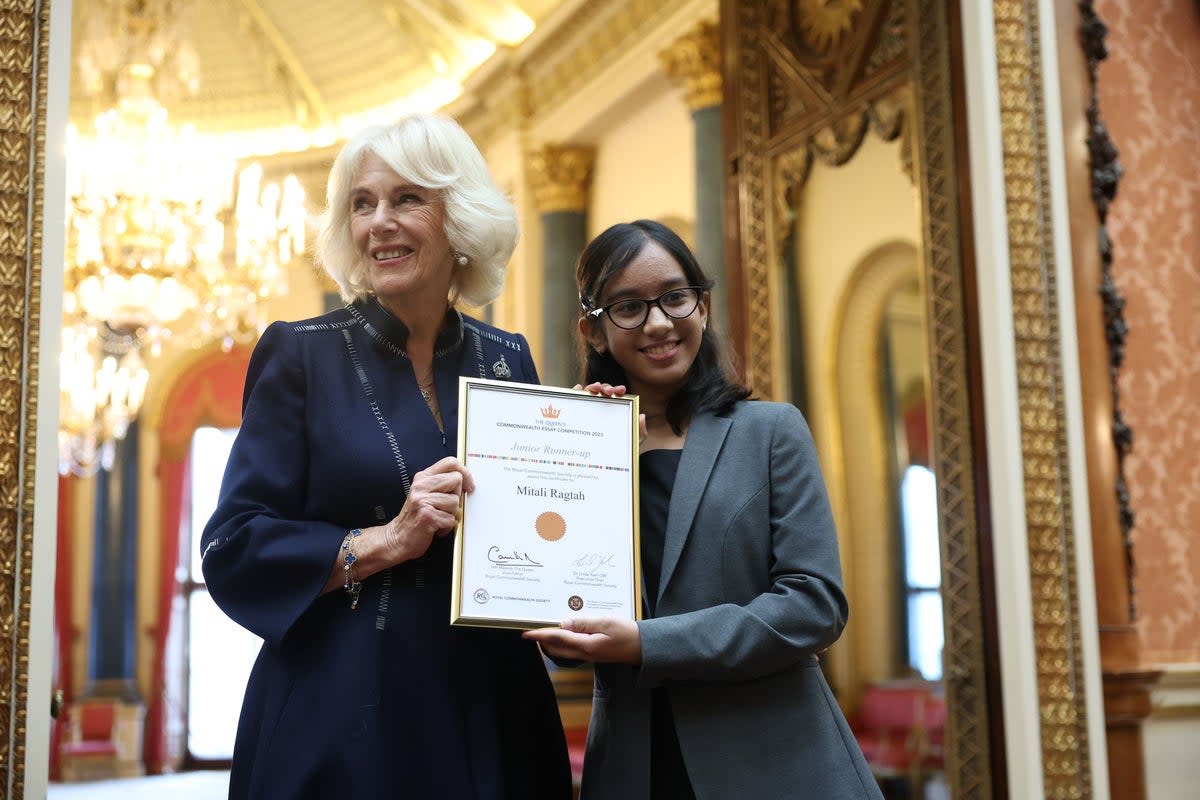 Queen Camilla with junior runner up Mitali Ragtah, 11, from Delhi (Getty Images)