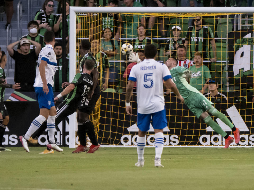 San Jose Earthquakes defender Marcos Johan López, far left, heads in a goal against Austin FC goalkeeper Brad Stuver (41) during the first half of an MLS soccer match, Saturday, Sept. 18, 2021, in Austin, Texas. (AP Photo/Michael Thomas)