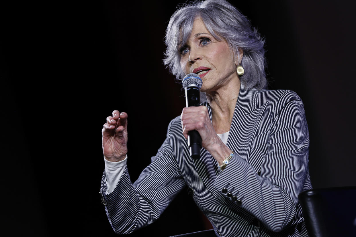 Jane Fonda onstage during a conversation event with the public at the 76th international film festival, Cannes, southern France, Friday, May 26, 2023. (Photo by Joel C Ryan/Invision/AP)