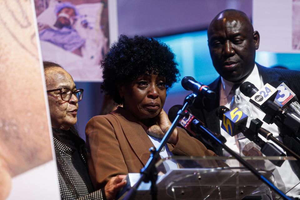 Mother of Ramon McGhee, Lisa Shahan Choat cries as she speaks at a press conference with her family and attorney Ben Crump in response to Ramon being found dead covered in lice, bed bugs, and feces at Shelby County Criminal Justice Center at Mississippi Boulevard Christian Church on Friday, Feb. 09, 2024 in Memphis, Tenn.
