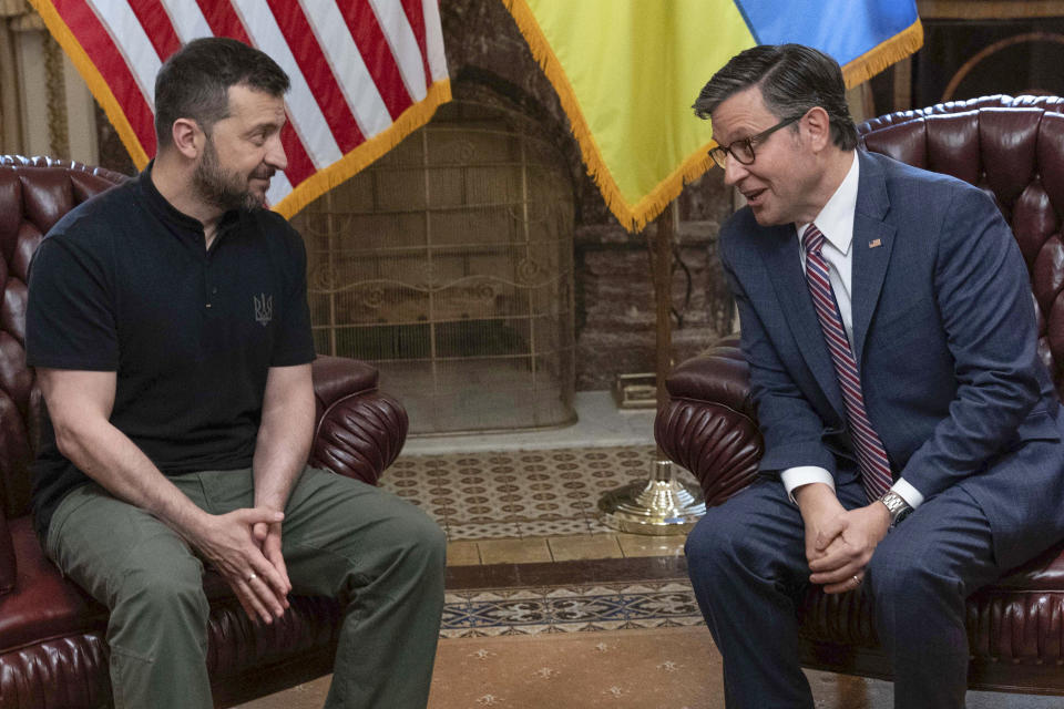 Speaker of the House Mike Johnson, R-La., right, meets with Ukrainian President Volodymyr Zelenskyy at the Capitol, Wednesday, July 10, 2024, in Washington. (AP Photo/Jose Luis Magana)