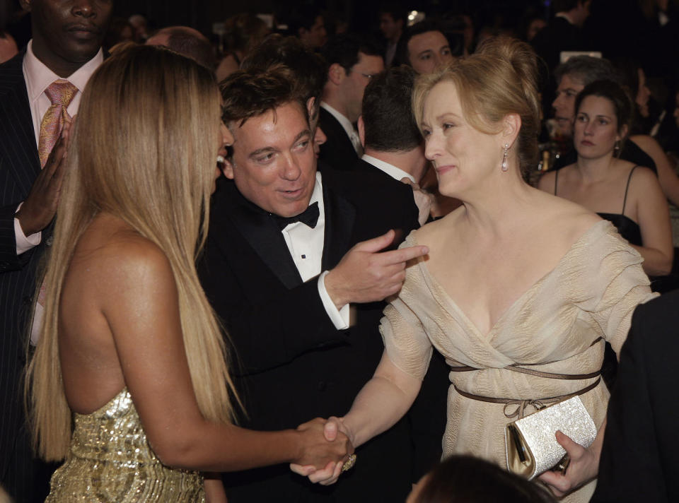 Beyonce (left) and Meryl Streep (right) during a candid moment at the 64th Annual Golden Globe Awards held at the Beverly Hilton Hotel on January 15, 2007   (Paul Drinkwater / NBCU via Getty Images)