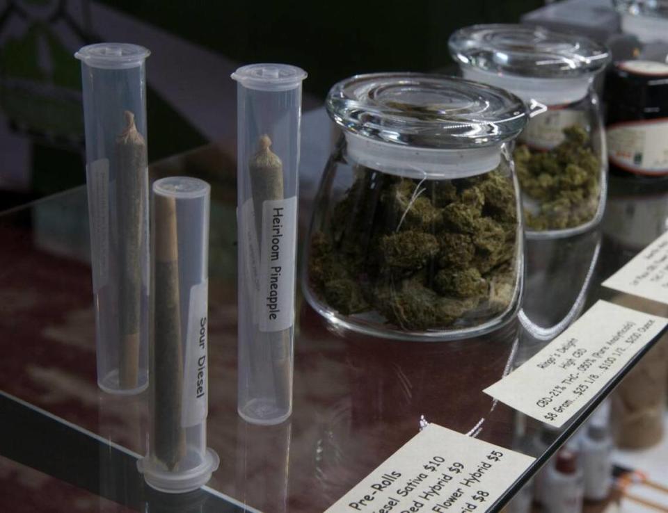 Marijuana products, including pre-rolled cigarettes and buds, are displayed at the medical marijuana dispensary owned by Tim Blake near Laytonville.