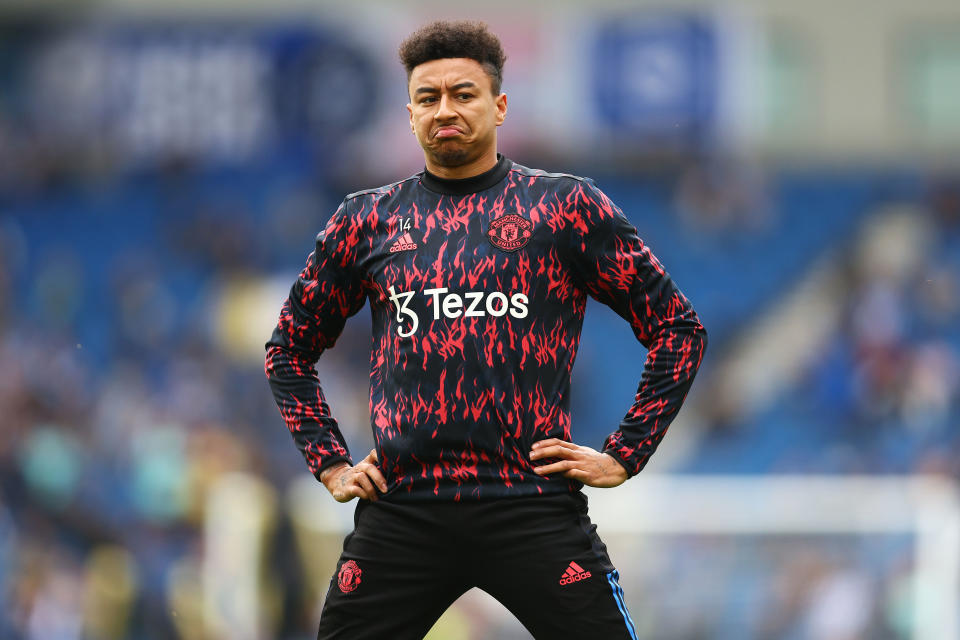 BRIGHTON, ENGLAND - MAY 07: Jesse Lingard of Manchester United warms up ahead of the Premier League match between Brighton & Hove Albion and Manchester United at American Express Community Stadium on May 07, 2022 in Brighton, England. (Photo by Manchester United/Manchester United via Getty Images)