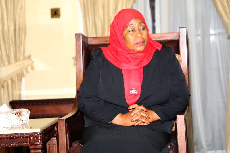 Tanzania's new President Samia Suluhu Hassan is seen after taking oath of office following the death of her predecessor John Pombe Magufuli at State House in Dar es Salaam