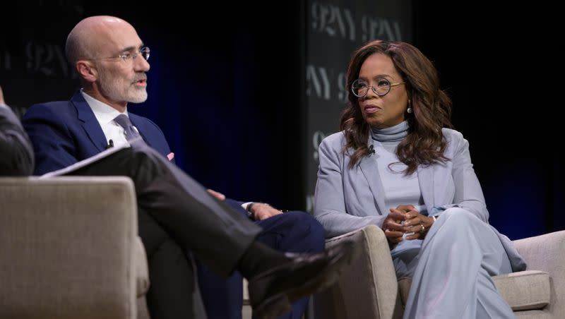 Arthur C. Brooks, left, and Oprah Winfrey discusses their new book “Building the Life You Want: The Art and Science of Getting Happier” at the 92nd Street Y on Tuesday, Sept. 12, 2023, in New York.