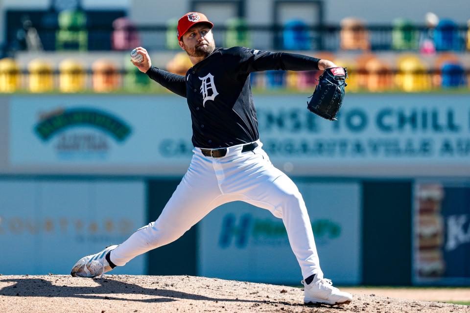 Detroit Tigers pitcher Casey Mize throws during spring training at Joker Marchant Stadium in Lakeland, Florida, on Thursday, Feb. 22, 2024.