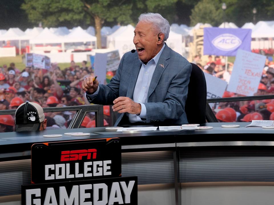 College GameDay was on campus at the University of Alabama for the matchup between the Alabama Crimson Tide and the Texas Longhorns Saturday, Sept. 9, 2023. Lee Corso laughs on set during the show.