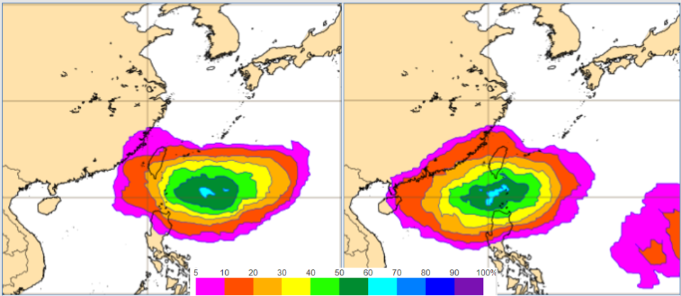 最新（27日20時）歐洲（ECMWF）系集模式模擬顯示，4日20時台灣東南方海面，熱帶擾動發展成颱機率已調高至70％（左圖），6日20時機率最高值已移入巴士海峽（右圖）。（翻攝三立準氣象.老大洩天機網站）