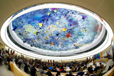 U.N. Secretary-General Antonio Guterres addresses the High-level Pledging Event for the Humanitarian Crisis in Yemen, taken at the United Nations in Geneva, Switzerland April 25, 2017. Picture taken with fisheye lens. REUTERS/Denis Balibouse