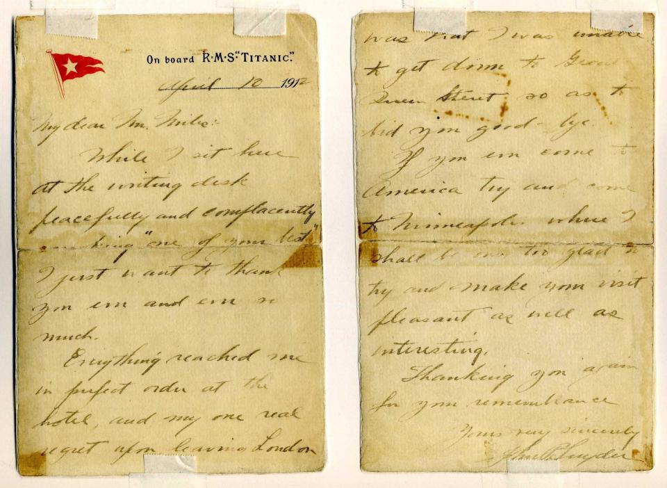 <span>Letter on Titanic stationary dated April 10, 1912, written by Mr. Snyder to the proprietor of a London tobacco shop where Mr. Snyder purchased cigars before boarding the ship. "While I sit here at the writing desk peacefully and complacently smoking 'one of your best,' I just want to thank you...."<br><br></span>(Photo courtesy of <a href="http://www.weissauctions.com/" rel="nofollow noopener" target="_blank" data-ylk="slk:Phillip Weiss Auctions;elm:context_link;itc:0;sec:content-canvas" class="link ">Phillip Weiss Auctions</a>)