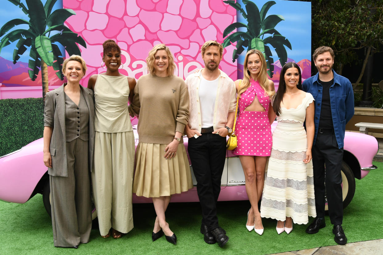 LOS ANGELES, CALIFORNIA - JUNE 25: (L-R) Kate McKinnon, Issa Rae, Greta Gerwig, Ryan Gosling, Margot Robbie, America Ferrera and Michael Cera attend the press junket and photo call For 