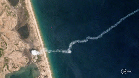 A commercial satellite image, captured by Planet over the Hodo Peninsula at 10:54 am local time May 4, 2019, shows what analysts at the Middlebury Institute of International Studies at Monterey believe is the launch point and exhaust trail of a new short-range ballistic missile test in North Korea. Planet/Handout via REUTERS.