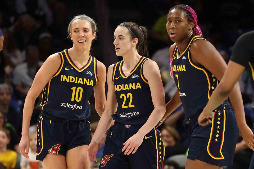 <p>Gregory Shamus/Getty</p> Caitlin Clark, Aaliyah Boston and Lexie Hull of the Indiana Fever