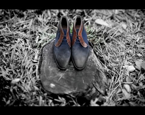 Saint Crispin's green hand-welted ankle boots $13,500 (from The Armoury) Bontoni suede desert boots in navy $tbc (from Tassels)