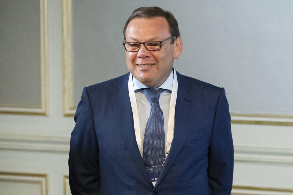 FILE - Russian businessman and co-founder of Alfa-Group Mikhail Fridman attends a conference of the Israel Keren Hayesod foundation in Moscow, Russia, Tuesday, Sept. 17, 2019. Russian businessmen Mikhail Fridman and Petr Aven won a court case Wednesday against a European Union’s decision to sanction the pair for their role in Russia’s war against Ukraine. (AP Photo/Pavel Golovkin, File)