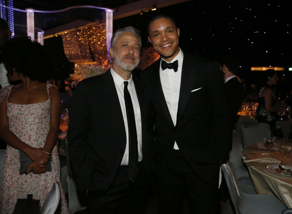 Jon Stewart and Trevor Noah at the 2015 Emmys.