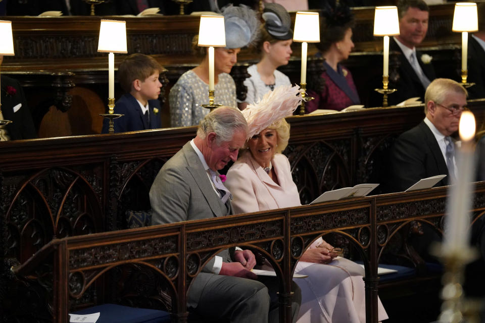 The Prince of Wales and the Duchess of Cornwall take their seats in St. George's Chapel.