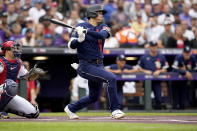 Shohei Ohtani de la Liga Americana y los Angelinos de Los Angeles en la primera entrada del Juego de Estrellas de martes 13 de julio del 2021. (AP Photo/David Zalubowski)