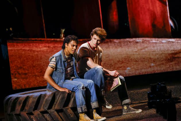 Actors Sky Lakota-Lynch, left, and Brody Grant perform a song from Broadway's 