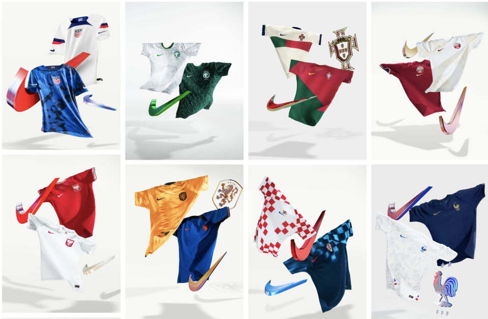 From left to right, top row, then bottom row: USA, Saudi Arabia, Portugal, Qatar, Poland, Netherlands, Croatia, France.  (Nike)