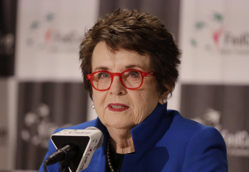 FILE - In this file photo dated Saturday, Feb. 9, 2019, Billie Jean King speaks to the media before the first-round Fed Cup tennis matches between the United States and Australia in Asheville, USA. The Fed Cup is changing its name to honour tennis great Billie Jean King, becoming The Billie Jean King Cup, the first major global team competition to be named after a woman, it is announced Thursday Sept. 17, 2020. (AP Photo/Chuck Burton, FILE)