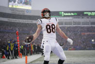 Cincinnati Bengals tight end Hayden Hurst (88) reacts after scoring a touchdown against the Buffalo Bills during the first quarter of an NFL division round football game, Sunday, Jan. 22, 2023, in Orchard Park, N.Y. (AP Photo/Seth Wenig)