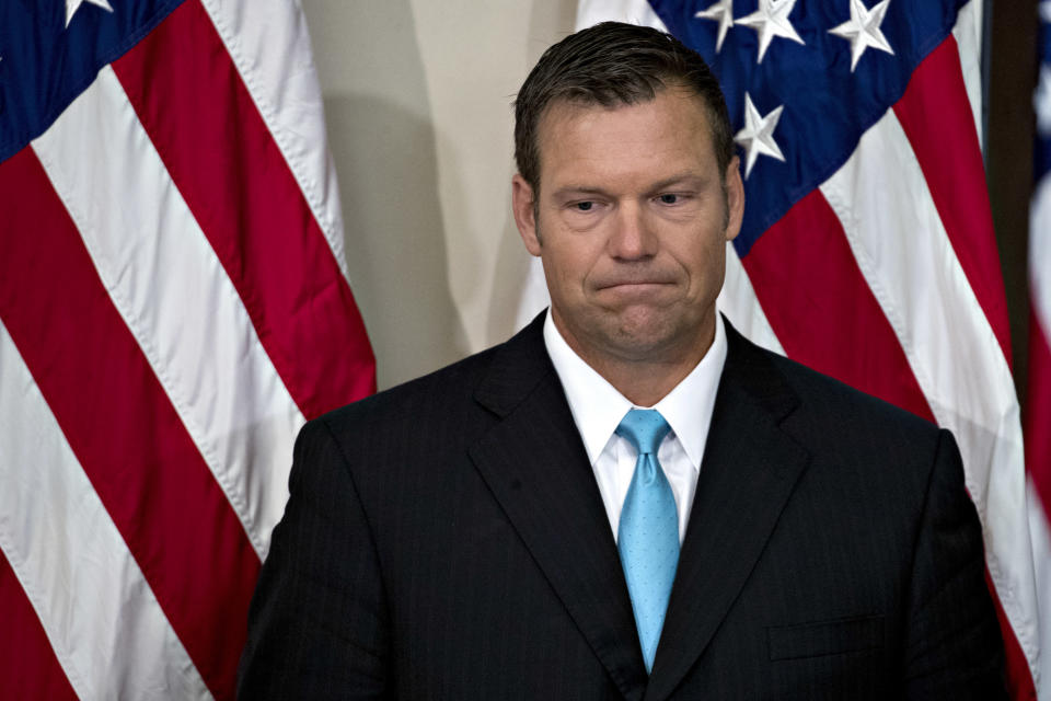 Kris Kobach arrives&nbsp;at the initial meeting of the Presidential Advisory Commission on Election Integrity on July 19, 2017. It was subsequently disbanded. (Photo: Bloomberg via Getty Images)