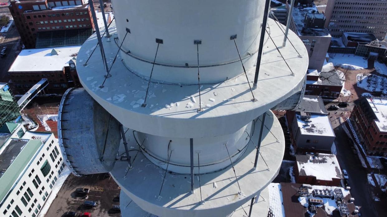 The Moncton Fire Department used a drone to check on how much ice was on the Bell Aliant Tower.  (Moncton Fire Department - image credit)