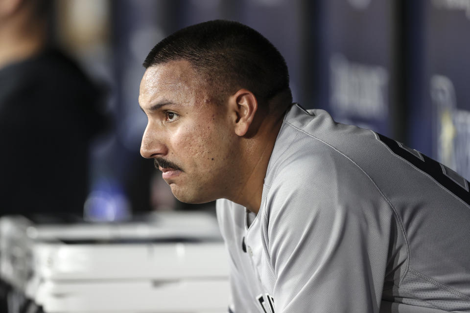 ST. PETERSBURG, FL - MAY 26: New York Yankees starting pitcher Nestor Cortes (65) in the dugout during the MLB regular season game between the New York Yankees and the Tampa Bay Rays on May 26, 2022, at Tropicana Field in St. Petersburg, FL. (Photo by Mark LoMoglio/Icon Sportswire via Getty Images)