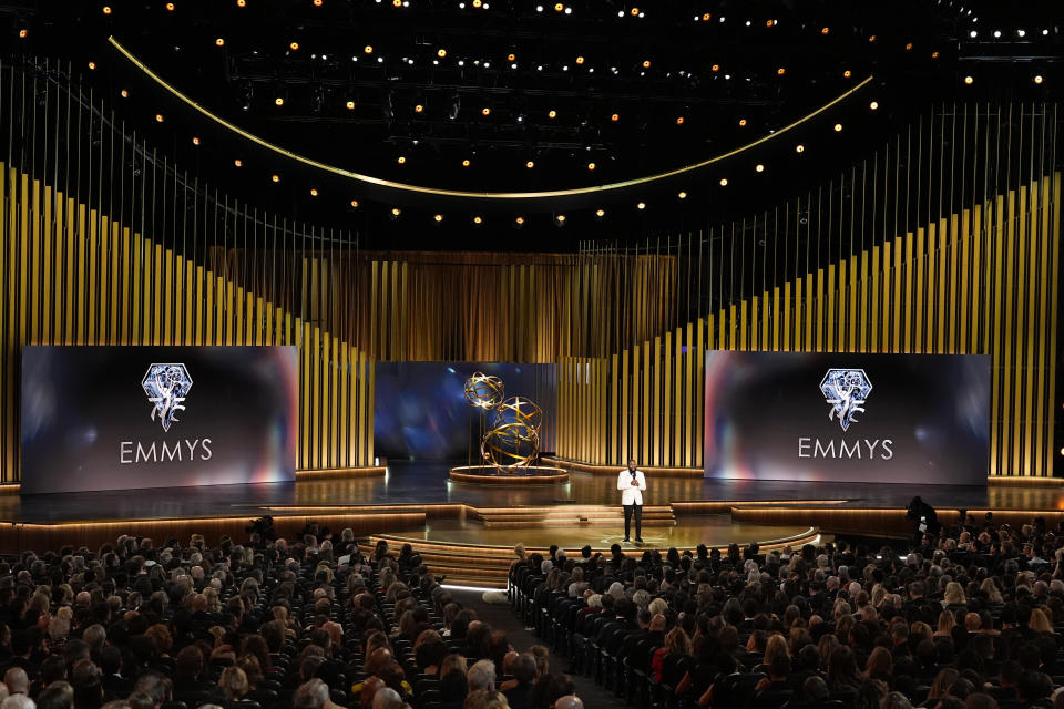 Host Anthony Anderson speaks during the 75th Primetime Emmy Awards on Monday, Jan. 15, 2024, at the Peacock Theater in Los Angeles. (AP Photo/Chris Pizzello)