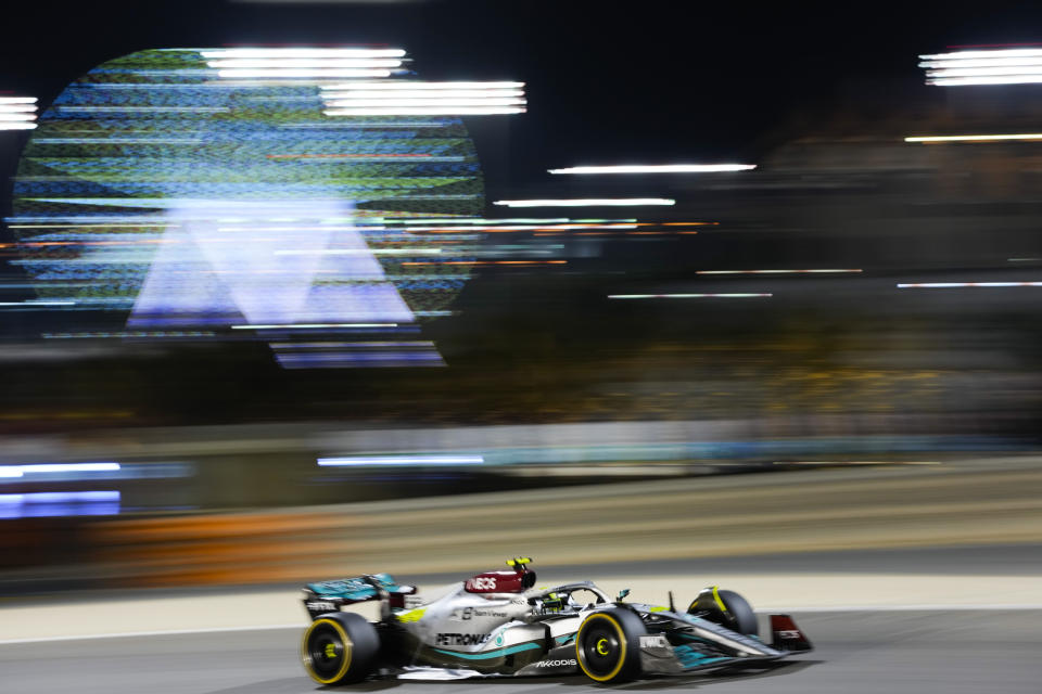 Mercedes driver Lewis Hamilton of Britain steers his car during a practice for theFormula One Bahrain Grand Prix it in Sakhir, Bahrain, Friday, March 18, 2022. (AP Photo/Hassan Ammar)