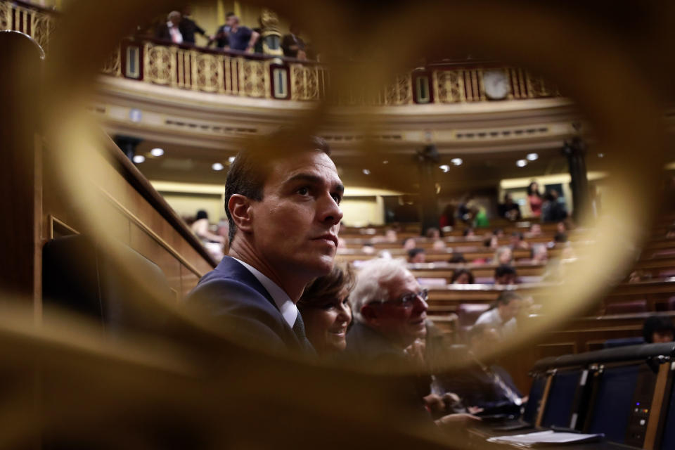 Spain's caretaker Prime Minister Pedro Sánchez arrives at the Spanish parliament in Madrid, Spain, Thursday, July 25, 2019. Caretaker Prime Minister Pedro Sánchez faces his second chance to win the endorsement of the Spanish Parliament to form a government this week. (AP Photo/Manu Fernandez)