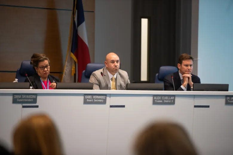 The El Paso ISD Board of Trustees and superintendent listen to public comments from supporters of Nicole Schuster, a third-grade teacher who was accused on inappropriately helping students on their STAAR tests, on May 21, 2024.