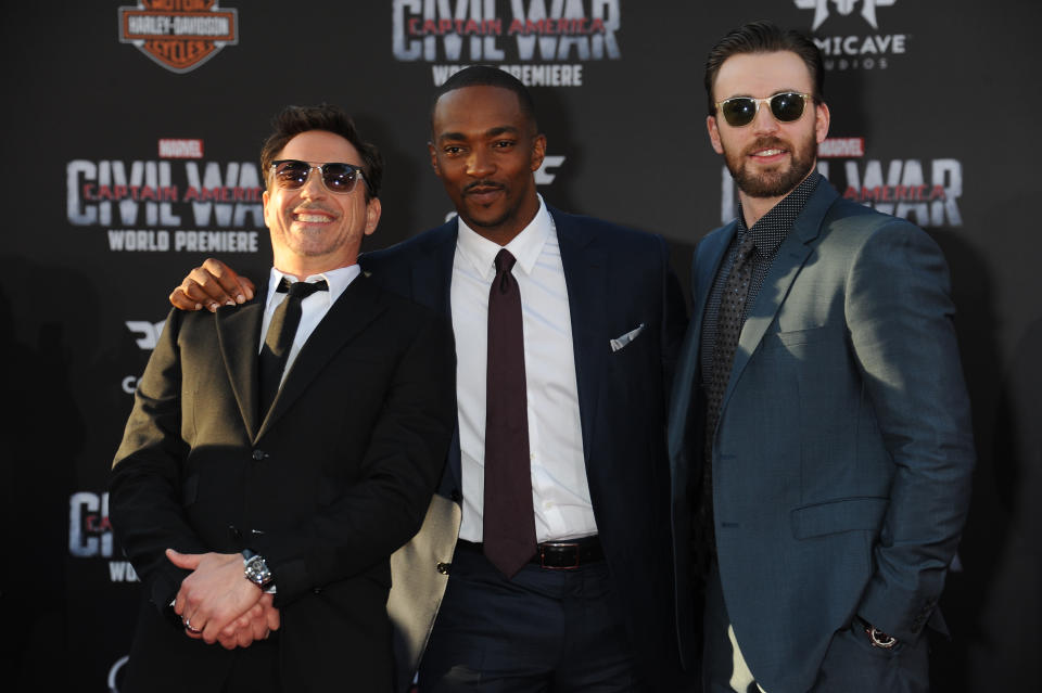 HOLLYWOOD, CA - APRIL 12:  (L-R) Actors Robert Downey Jr., Anthony Mackie and Chris Evans attend the premiere of Marvel's 'Captain America: Civil War' at Dolby Theater on April 12, 2016 in Hollywood, California. (Photo by Frank Trapper/Corbis via Getty Images)
