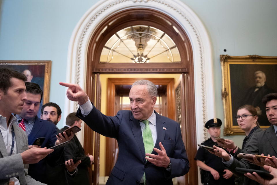 Senate Majority Leader Chuck Schumer, D-N.Y., speaking to the media, discusses the announcement of a bipartisan deal on infrastructure in June.