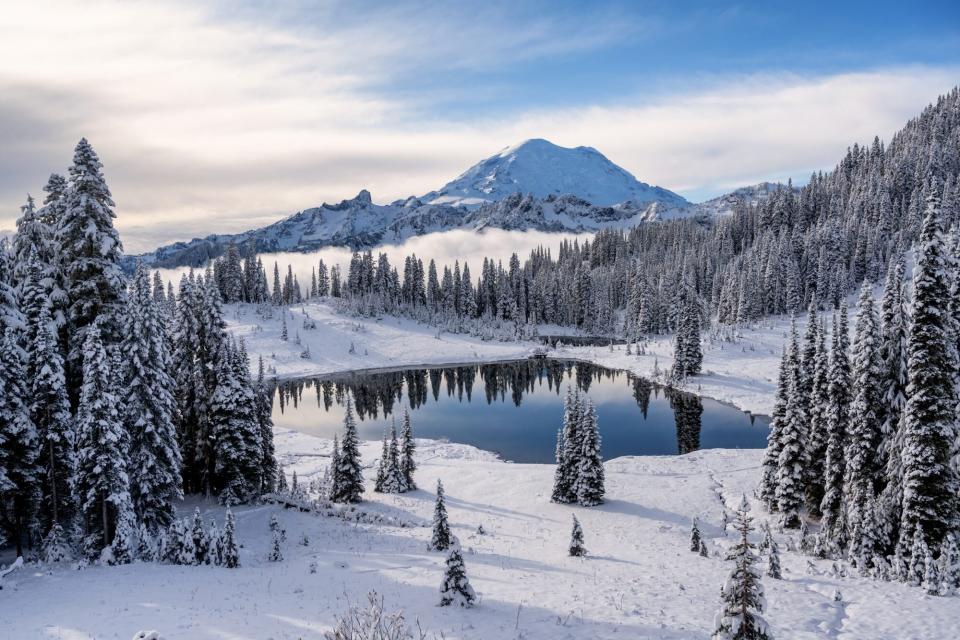 Scenic view of snow covered mountains against sky,Mount Rainier,Washington,United States,USA