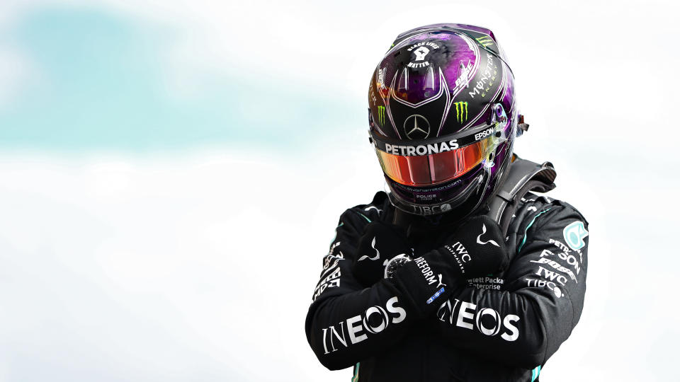 SPA, BELGIUM - AUGUST 29: Pole position qualifier Lewis Hamilton of Great Britain and Mercedes GP celebrates in parc ferme  during qualifying for the F1 Grand Prix of Belgium at Circuit de Spa-Francorchamps on August 29, 2020 in Spa, Belgium. (Photo by Dan Istitene - Formula 1/Formula 1 via Getty Images)