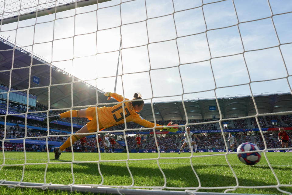 Spain goalkeeper Sandra PaÃ±os #13 dives for the penalty kick of Megan Rapinoe #15 of the United States during a 2019 FIFA Women's World Cup France Round of 16 match between Spain and the United States at Stade Auguste-Delaune on June 24, 2019 in Reims, France. (Photo by John Todd/isiphotos.com/Getty Images).